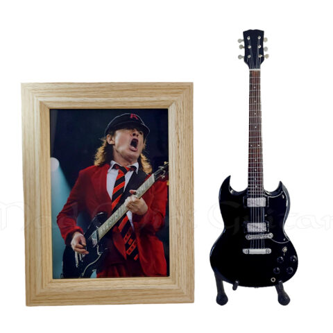 Angus Young AC/DC Black Gibson SG Mini Guitar Set with 5×7 Framed Photo